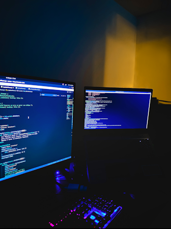 A dimly lit room with two computer monitors displaying code, accompanied by a glowing keyboard in vibrant colors. The monitors show text-based programming interfaces, with one screen filled with lines of code. The surrounding environment is dark, adding to the focus on the screens and keyboard.