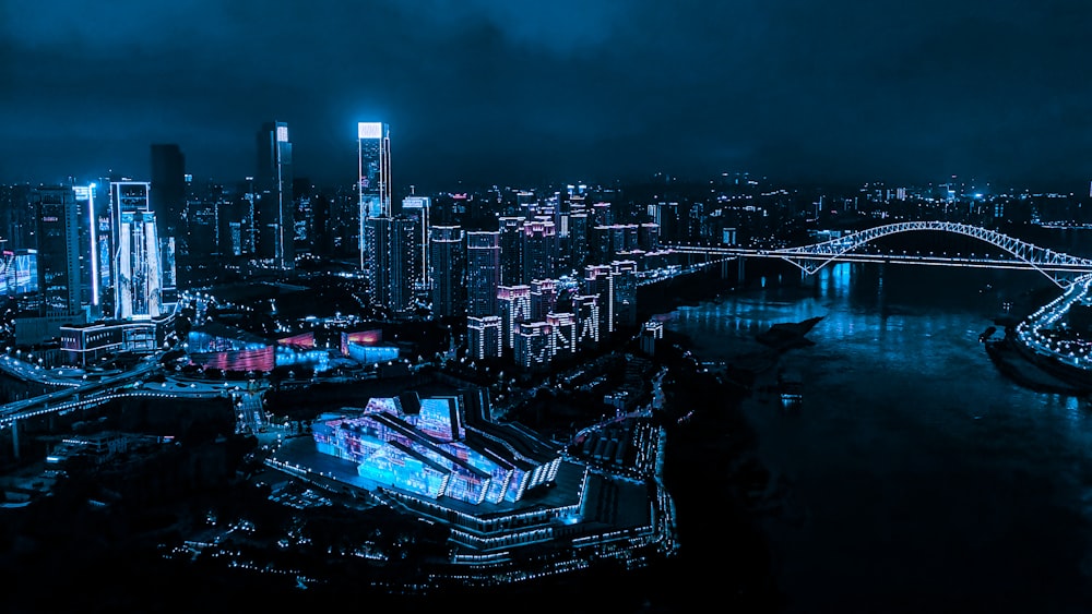 city skyline during night time