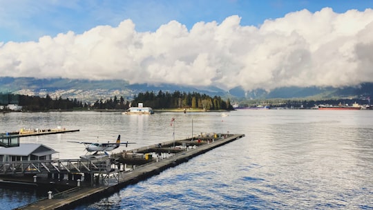 white and black boat on dock during daytime in Vancouver Harbour Flight Centre Canada