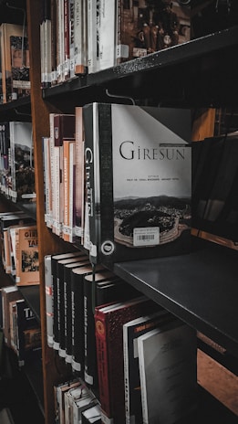 A bookshelf filled with a variety of books positioned closely together. The book 'Giresun' is prominently displayed, sticking out slightly more than others. The lighting is dim, giving the scene a quiet, contemplative atmosphere typical of a library setting. The shelves are made of dark wood, and the overall arrangement appears organized and maintained.