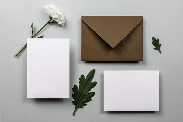 Aesthetic stationery set featuring ivory white cards with subtle gold foil details, arranged neatly on a warm beige surface.