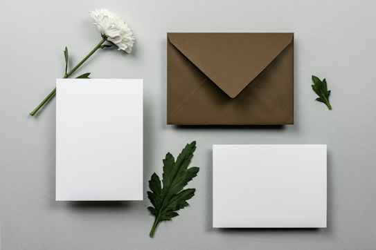 A white flower with a green stem and leaves is placed next to a dark brown envelope. Two blank white cards are positioned nearby on a light grey surface. Green leaves are arranged around the objects, creating a minimalist and elegant composition.