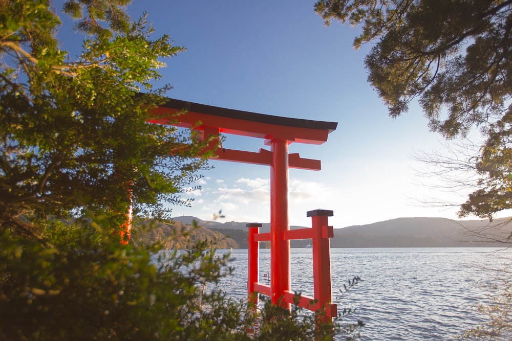 red wooden post near lake during daytime