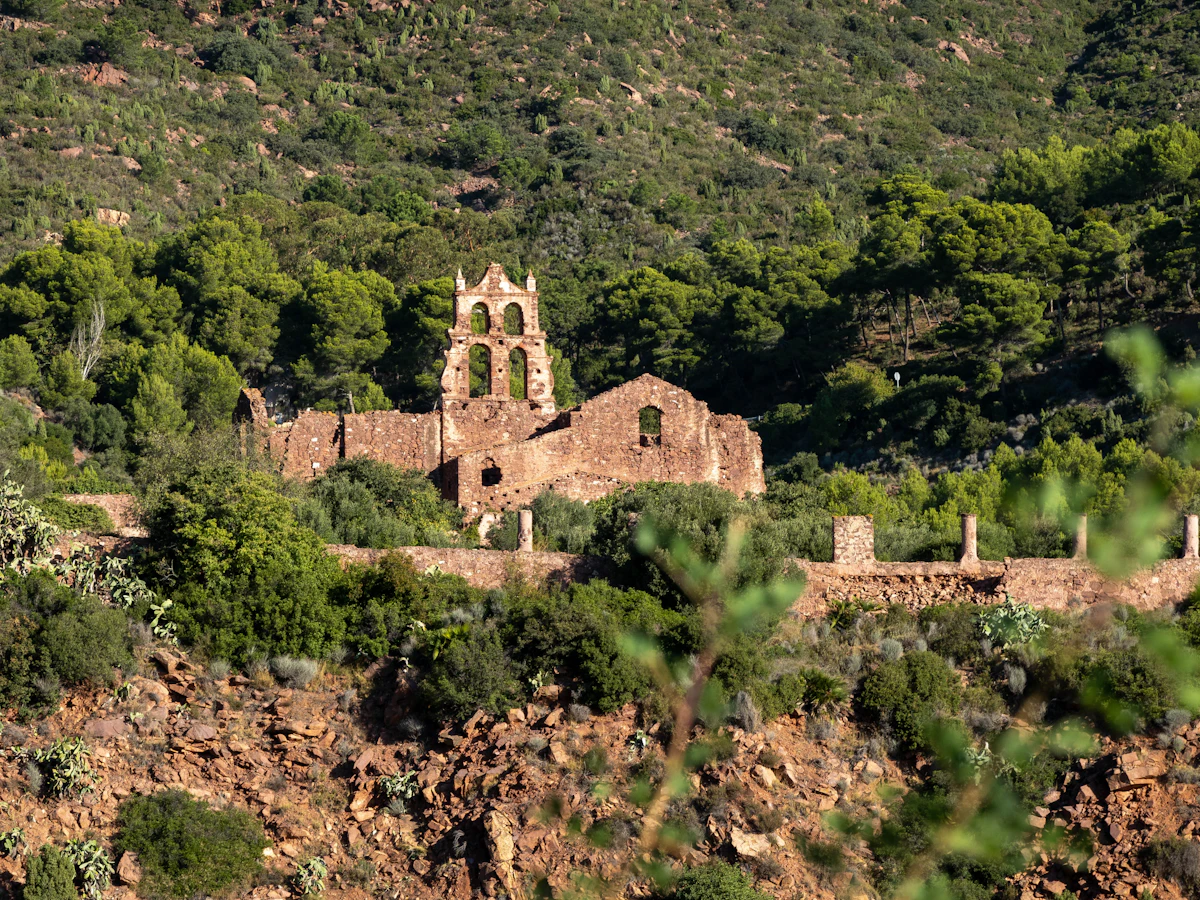 The ruined stone church of an old convent among pines and scrub in the Desert de les Palmes hills
