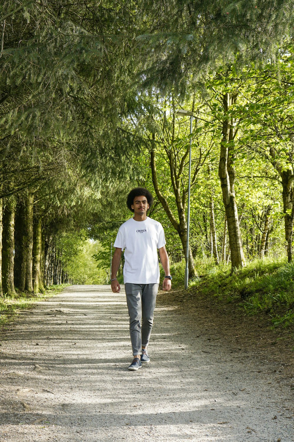 uomo in maglietta girocollo bianca in piedi sul sentiero tra gli alberi durante il giorno