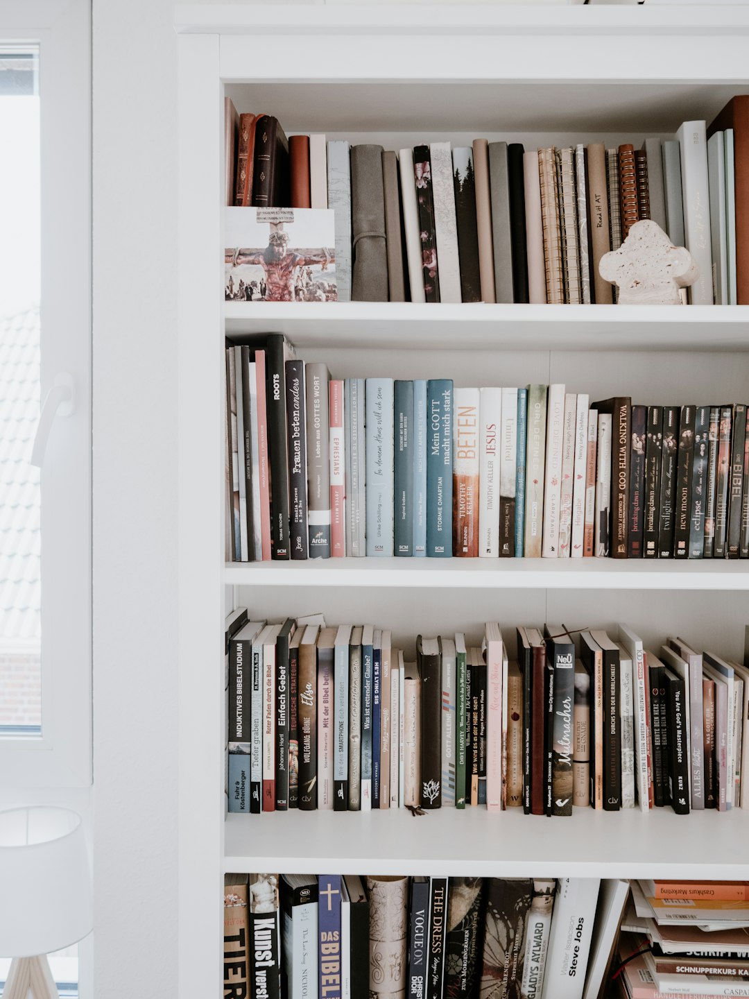 books on white wooden shelf