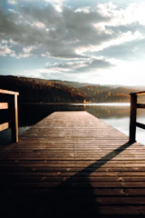 A sleek dock extending into calm lake waters framed by tall pines at dawn.