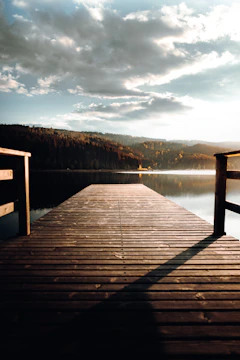 A sleek dock extending into calm lake waters framed by tall pines at dawn.