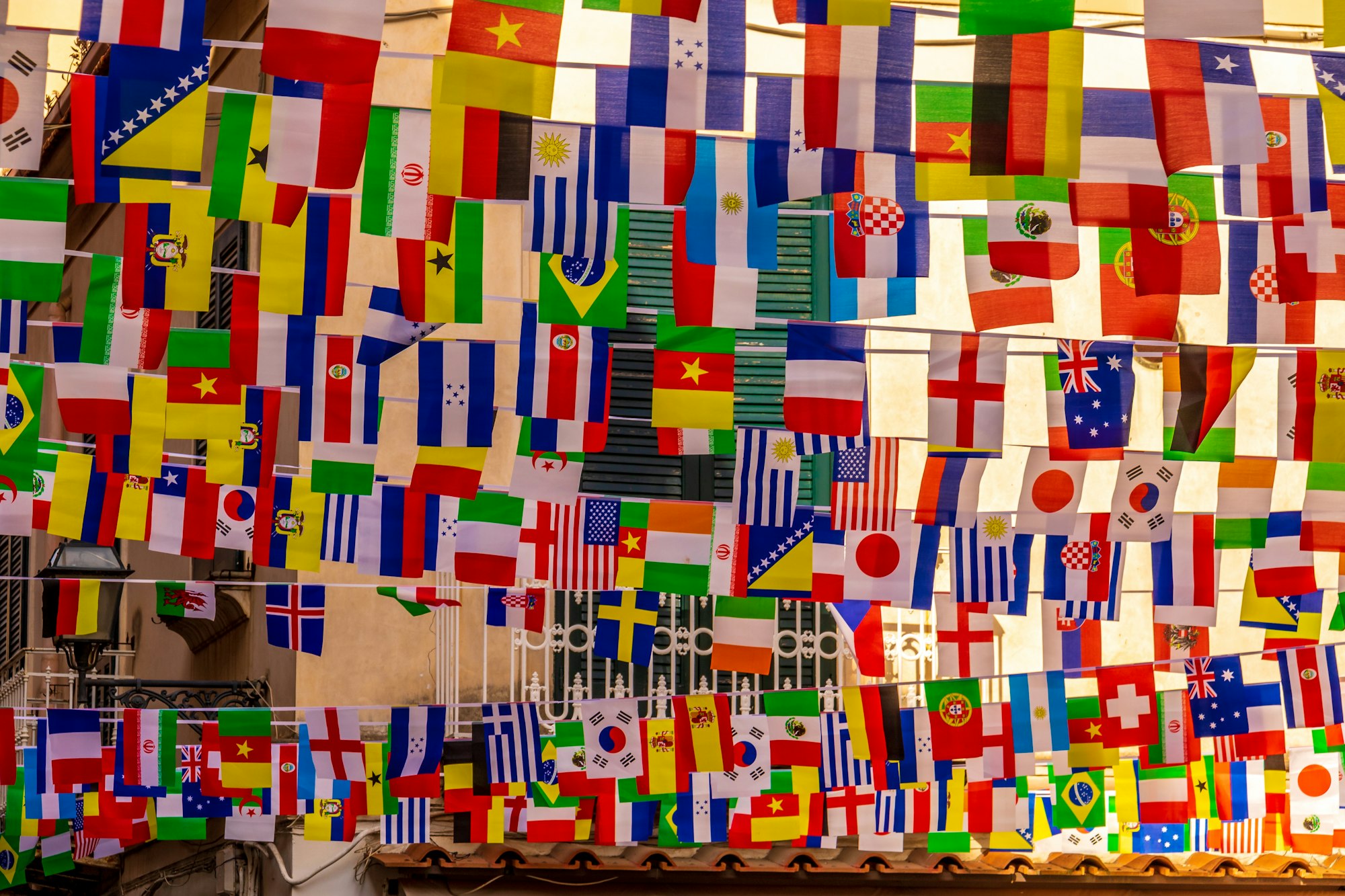 The flags of the 32 countries that made the World Cup Finals in Russia in 2018.