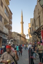 A vibrant street scene in Baghdad with traditional markets and historic buildings.