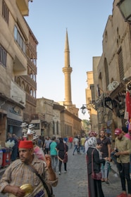 A vibrant street scene in Baghdad with traditional markets and historic buildings.