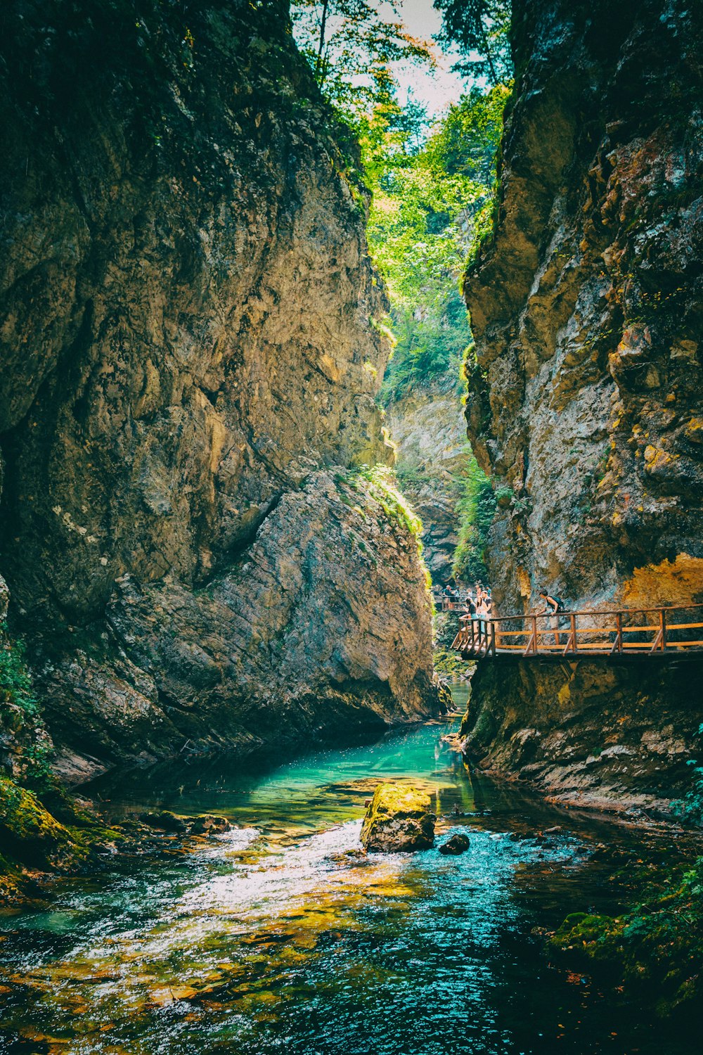 Puente de madera marrón sobre el río