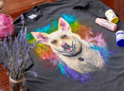 black purple and yellow dog print crew neck shirt hyper-creative zoom background