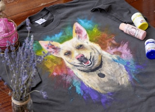 black purple and yellow dog print crew neck shirt