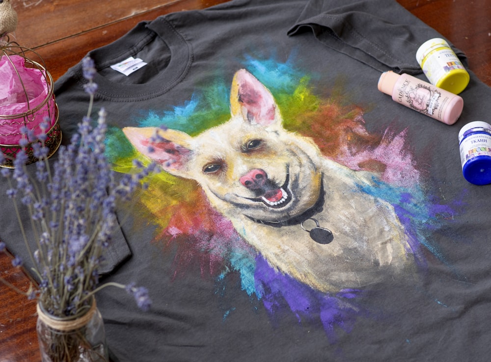 black purple and yellow dog print crew neck shirt