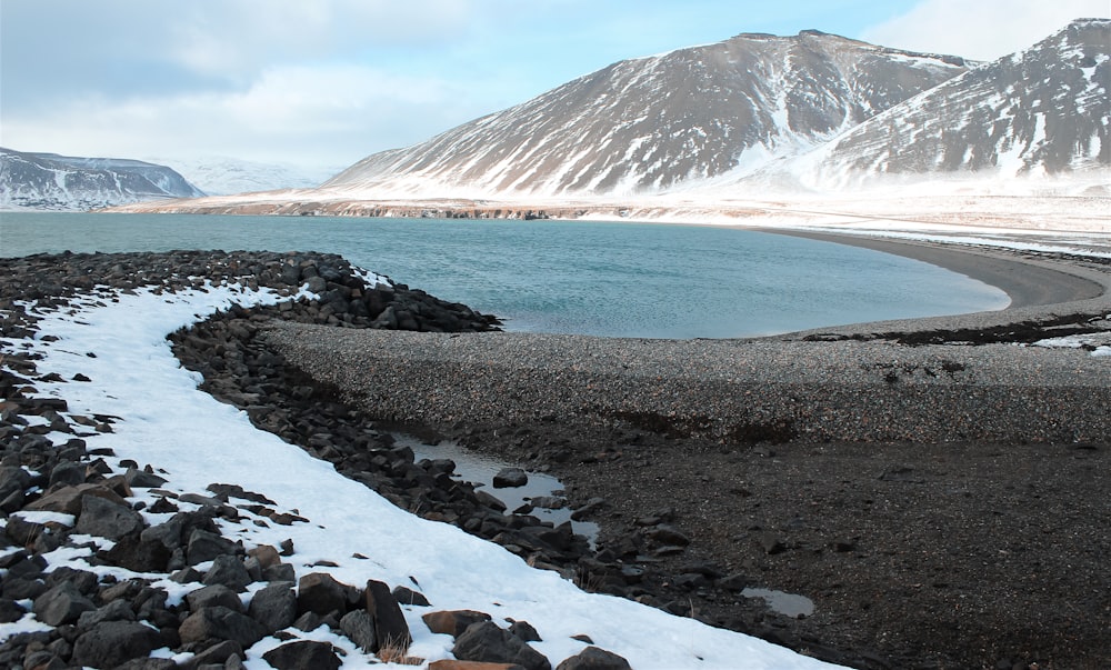 rocky shore near snow covered mountain during daytime