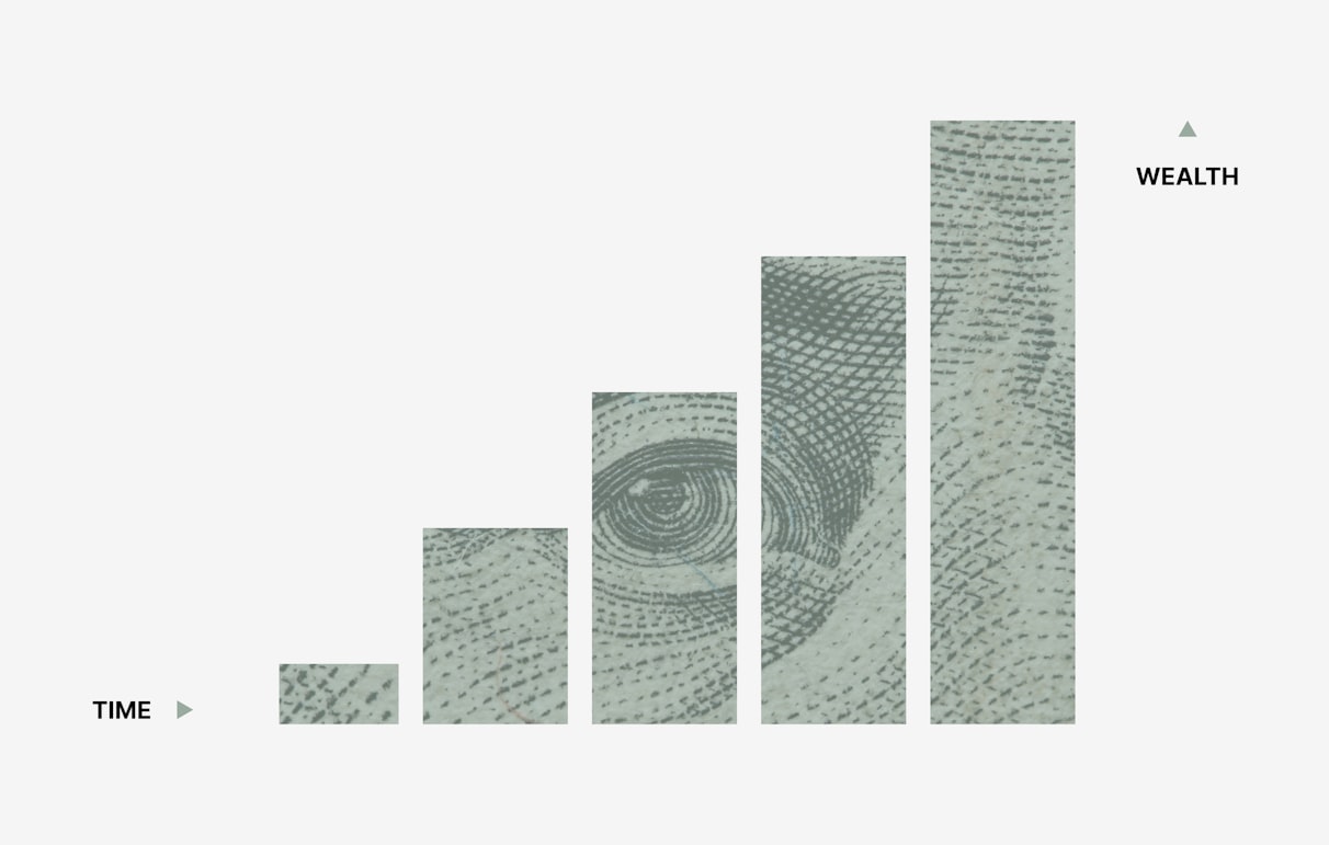 Bar graph of wealth building over time with dollar bills as the bars in the graph