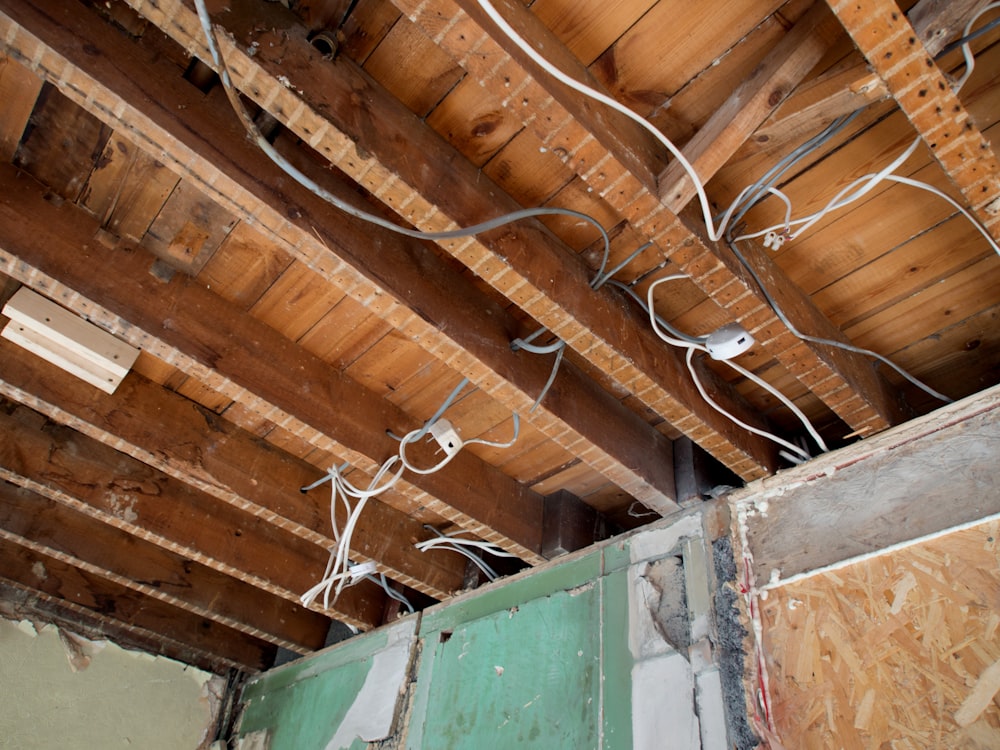 white string lights on brown wooden ceiling