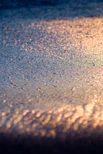 Close-up of golden body oil droplets shimmering on smooth skin in warm daylight.