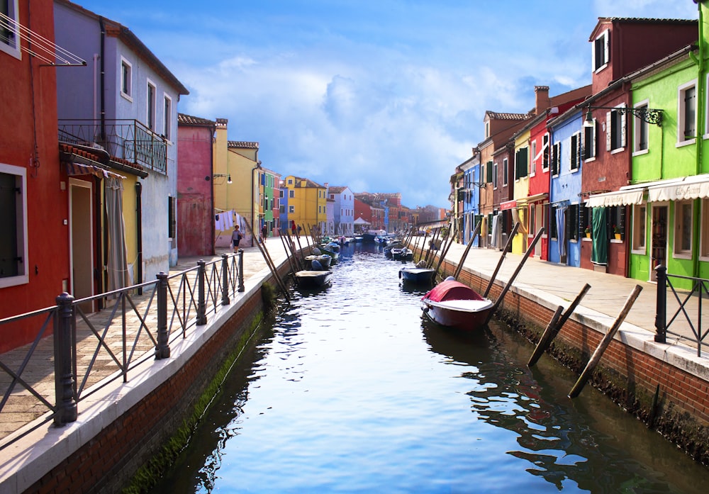 boat on river between buildings during daytime