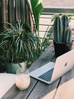 A peaceful outdoor setup with a laptop on a wooden table surrounded by plants and sunlight.