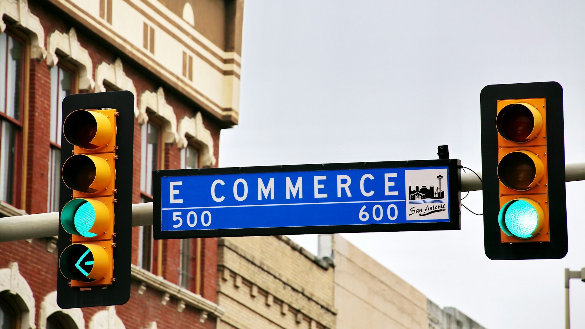 All signs on green for e-commerce? No, just East Commerce Street in San Antonio.

Tip: there is also a E Commerce Street sign available with red lights (see my photo line).