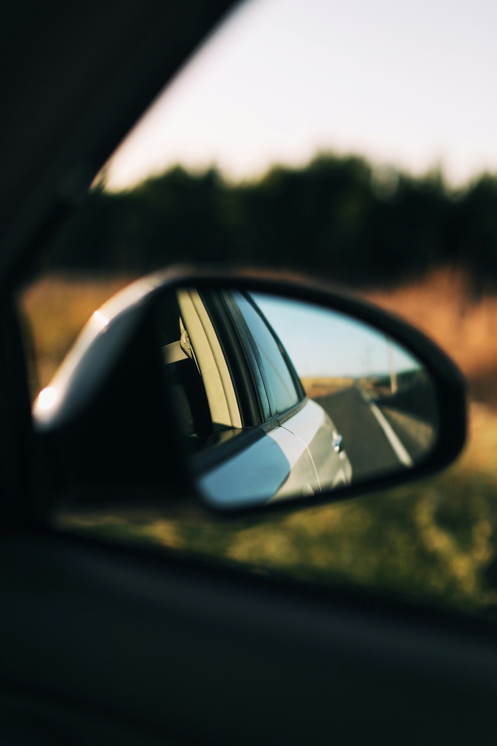 espelho lateral do carro preto refletindo árvores verdes durante o dia