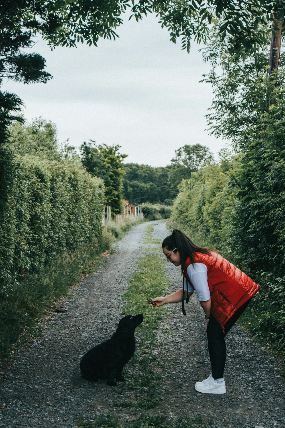 woman in orange long sleeve shirt and black pants holding black short coated dog