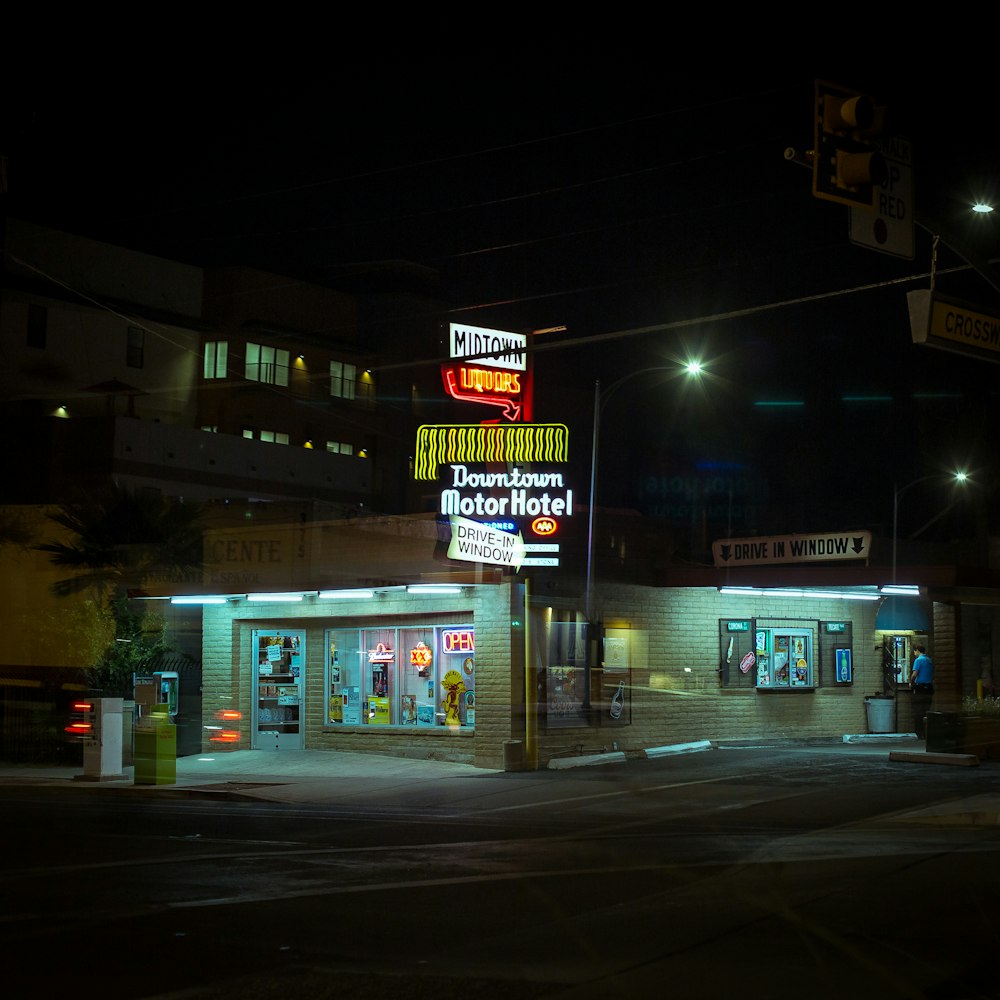 red and white store signage