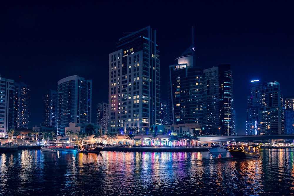 city skyline during night time