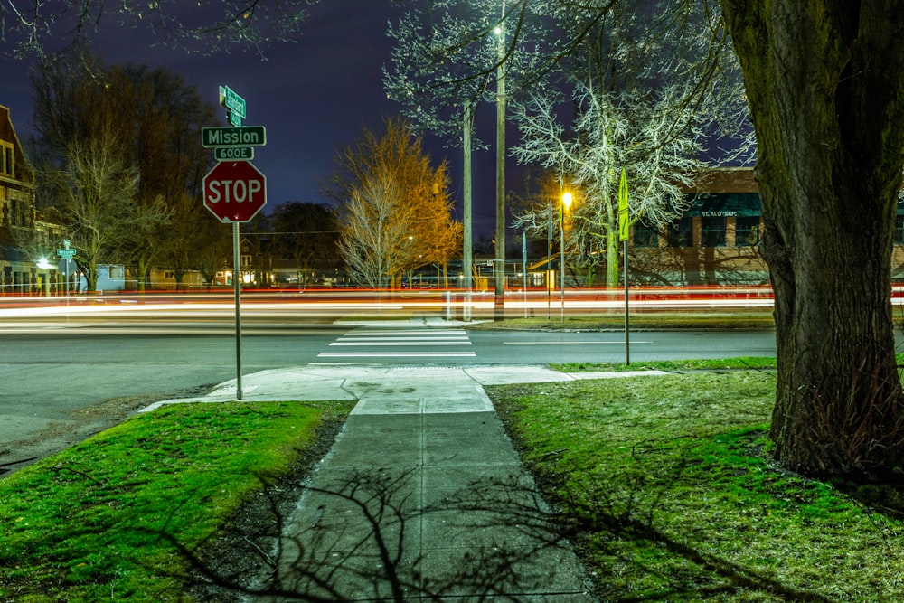 stop sign on green grass field near road during night time