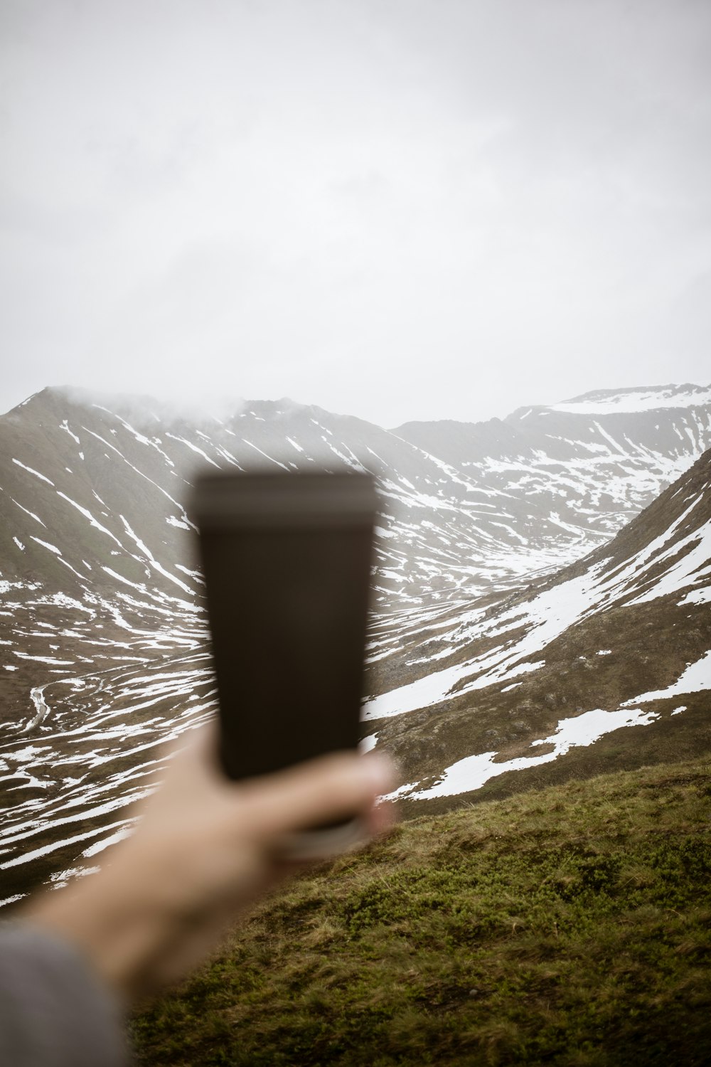 person holding black cup near green grass field and snow covered mountain during daytime