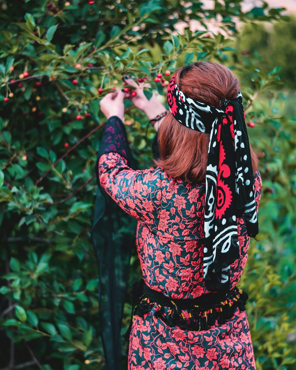 woman in black and red long sleeve shirt standing near green plants during daytime