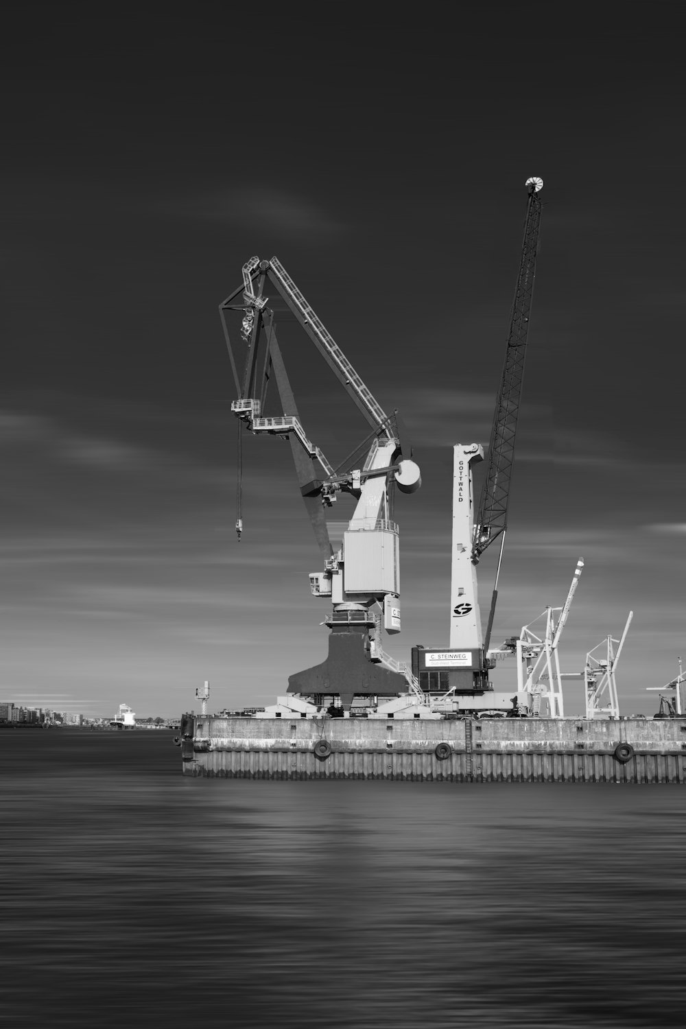 grayscale photo of crane near body of water