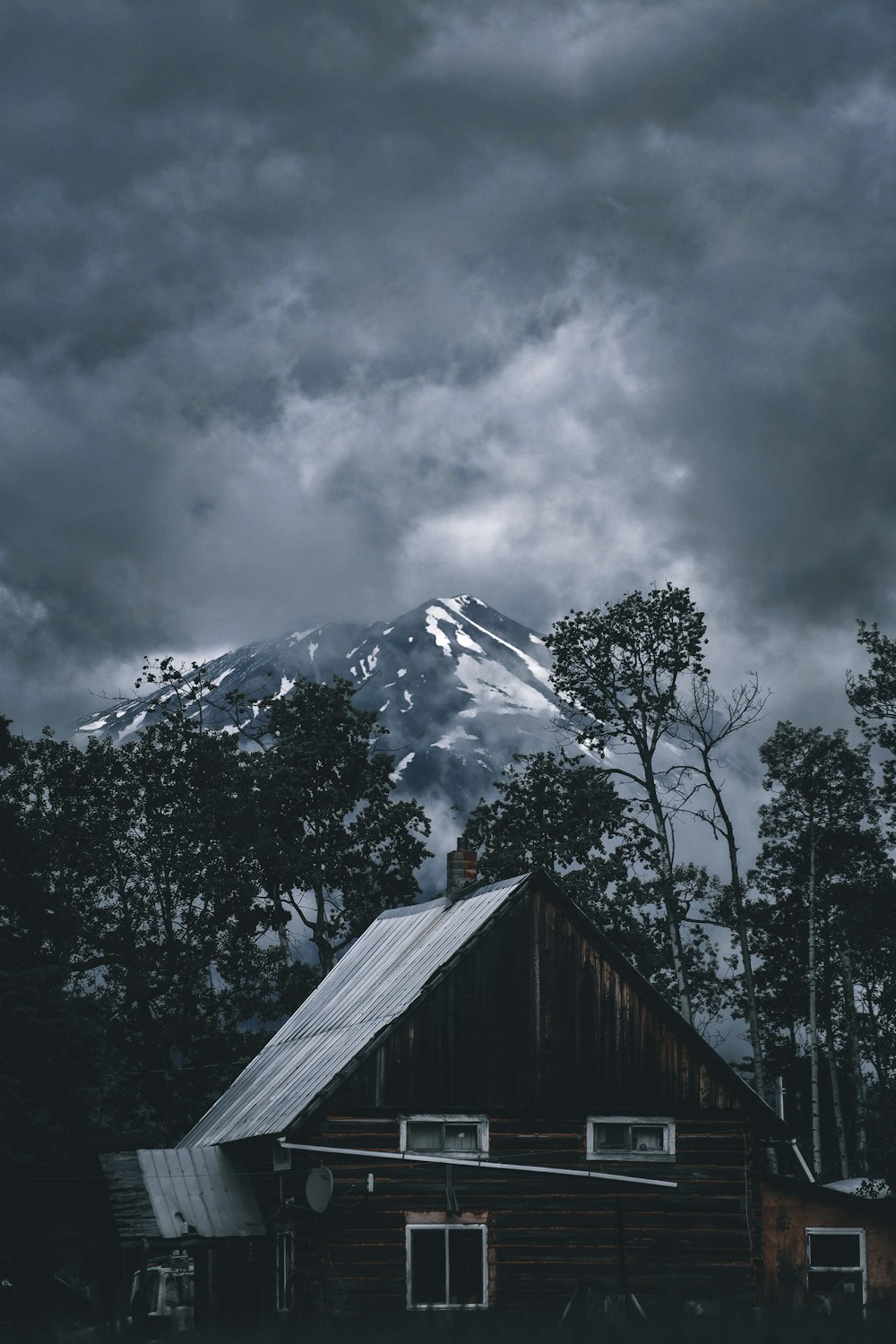 brown wooden house near green trees and snow covered mountain during daytime