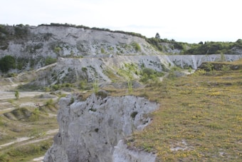 A scenic landscape featuring a limestone quarry with rugged cliffs and terraces. The area is partially covered with green vegetation and wildflowers, and there are patches of grass on the rocky surfaces. The backdrop consists of a mix of trees and shrubs.