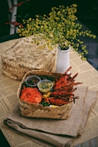 red and white plastic pack on brown woven basket