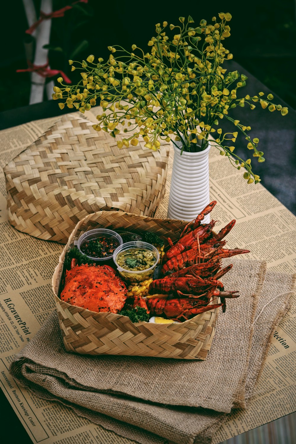 red and white plastic pack on brown woven basket