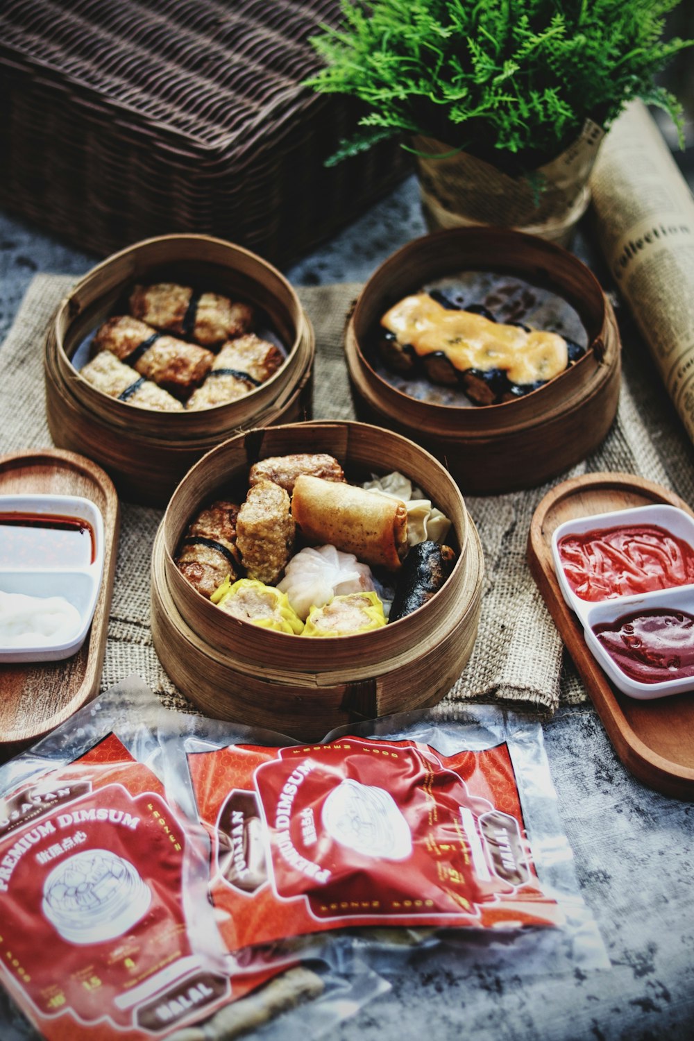 brown wooden bowls on red and white textile