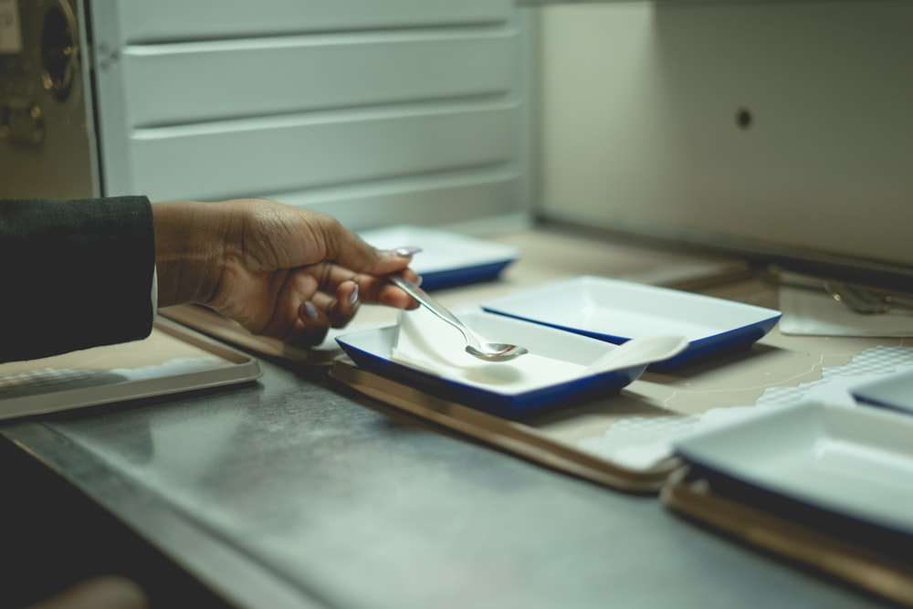 person holding silver fork on blue and white plate