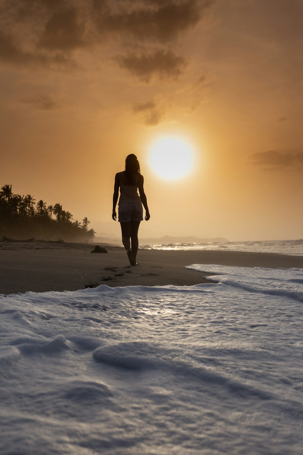 일몰 동안 해변에 서 있는 검은 드레스를 입은 여자
