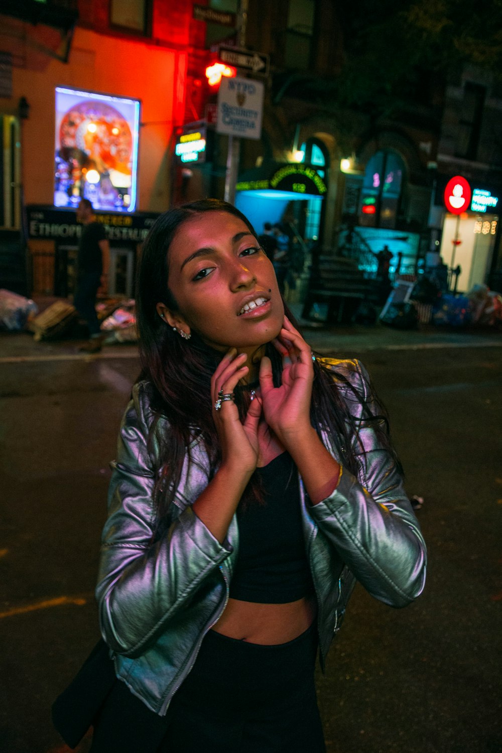 woman in black leather jacket