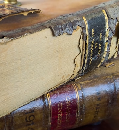 Two vintage books with worn and cracked spines are stacked together. The top book shows visible age with peeling material on the spine, revealing dates from November 1928 to June 1929. The lower book has a shiny, reddish-brown spine with visible text, indicating it might be related to a change division from 1914.