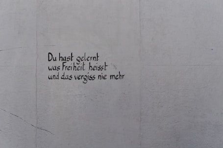 A light gray wall features text written in black, stylized handwriting. The words are in German and read, 'Du hast gelernt was Freiheit heisst und das vergiss nie mehr.'