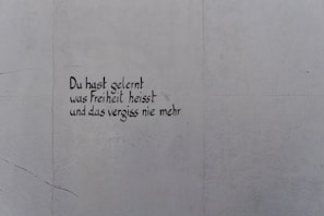 A light gray wall features text written in black, stylized handwriting. The words are in German and read, 'Du hast gelernt was Freiheit heisst und das vergiss nie mehr.'