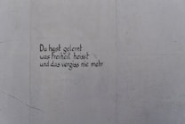 A light gray wall features text written in black, stylized handwriting. The words are in German and read, 'Du hast gelernt was Freiheit heisst und das vergiss nie mehr.'