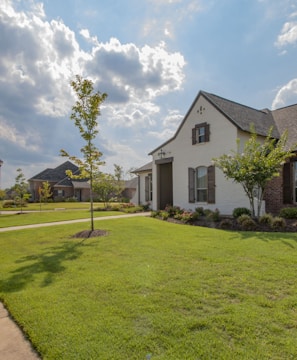 white and brown house near green grass field under white clouds and blue sky during daytime