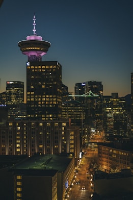 city skyline during night time