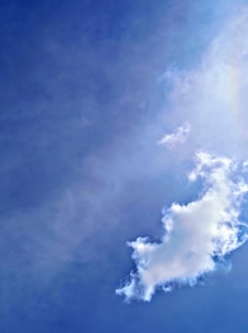 A large fluffy cloud is floating in a bright blue sky. The cloud has a soft, white texture with slightly irregular edges, set against a clear backdrop.