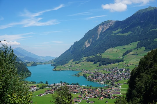 green mountains near body of water under blue sky during daytime in Lungerersee Switzerland